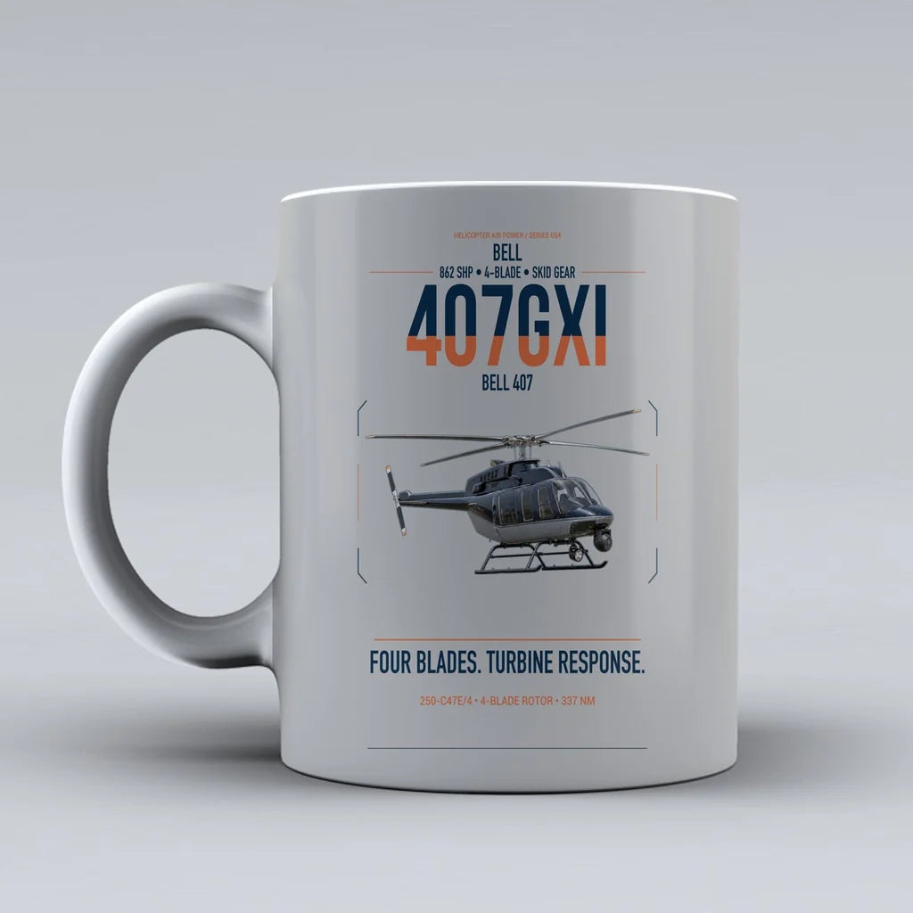 Bell 407GXi design on light gray ceramic mug, double-side print