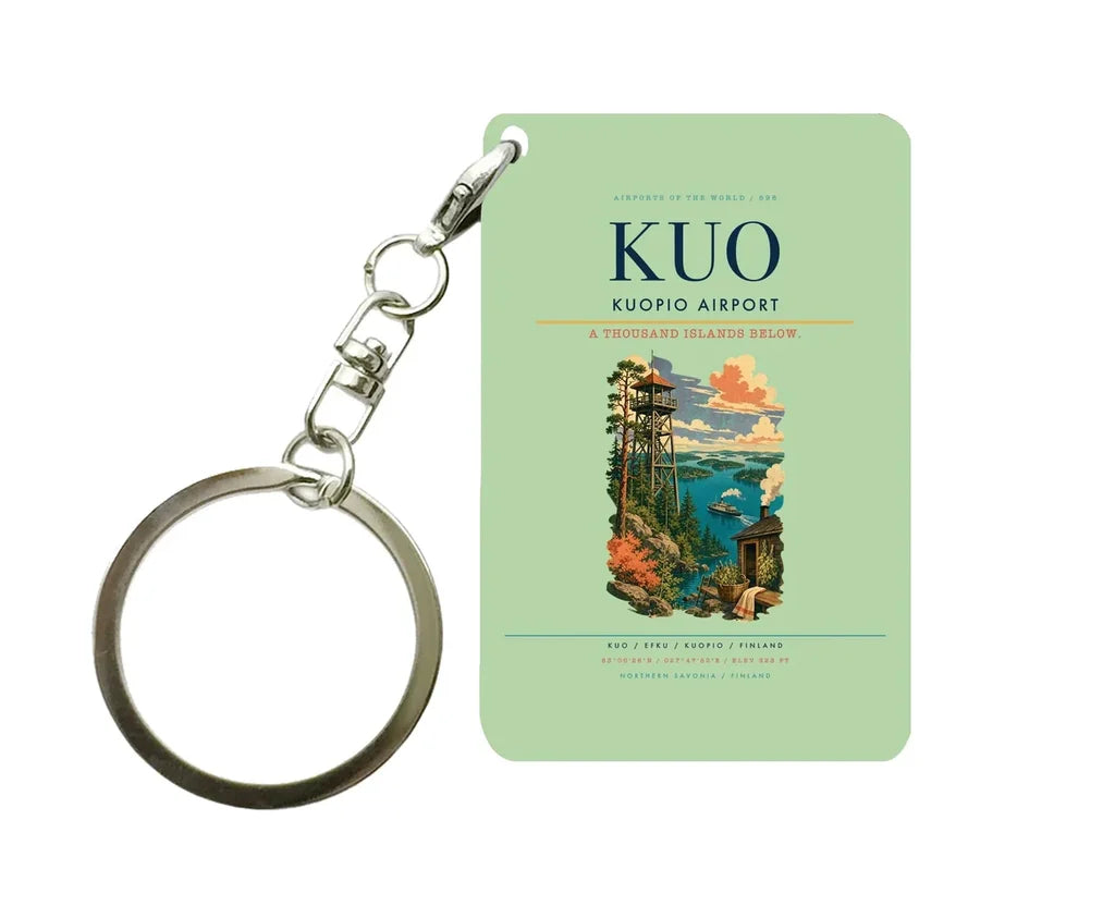 Kuopio Airport (KUO) design on light green key chain