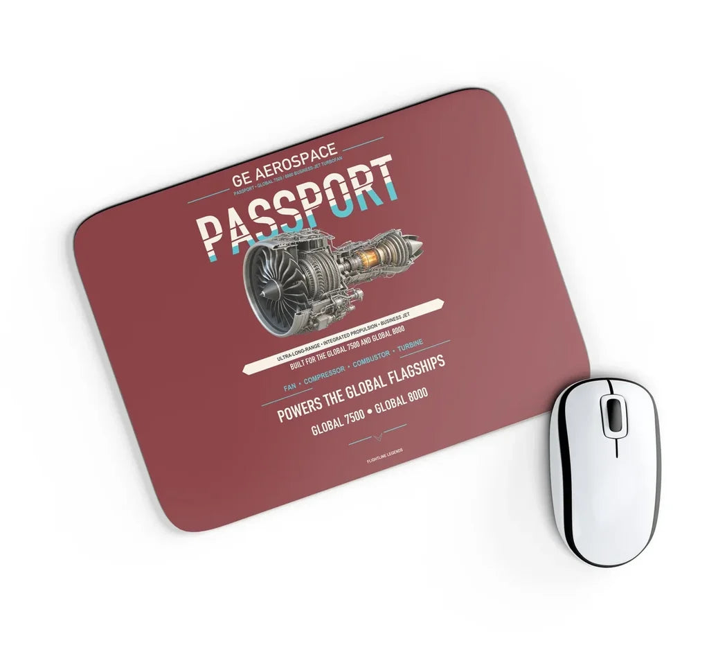 PASSPORT design on dark red rectangle mouse pad