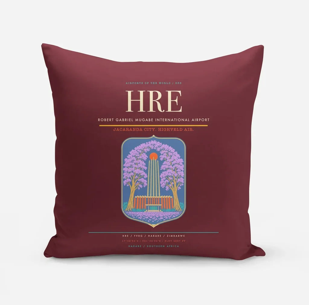 Robert Gabriel Mugabe International Airport (HRE) design on dark red pillow