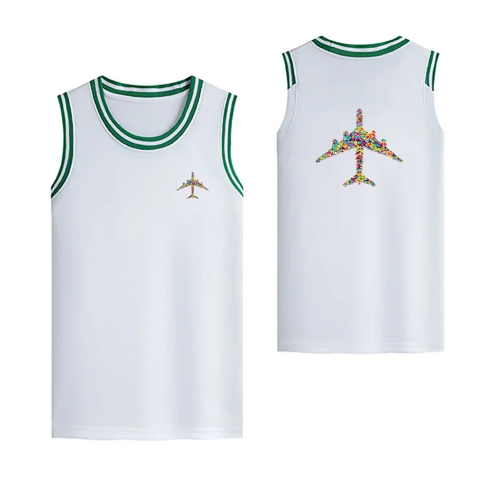 Colourful Airplane Designed Basketball Style Sports Tank Tops - view 12