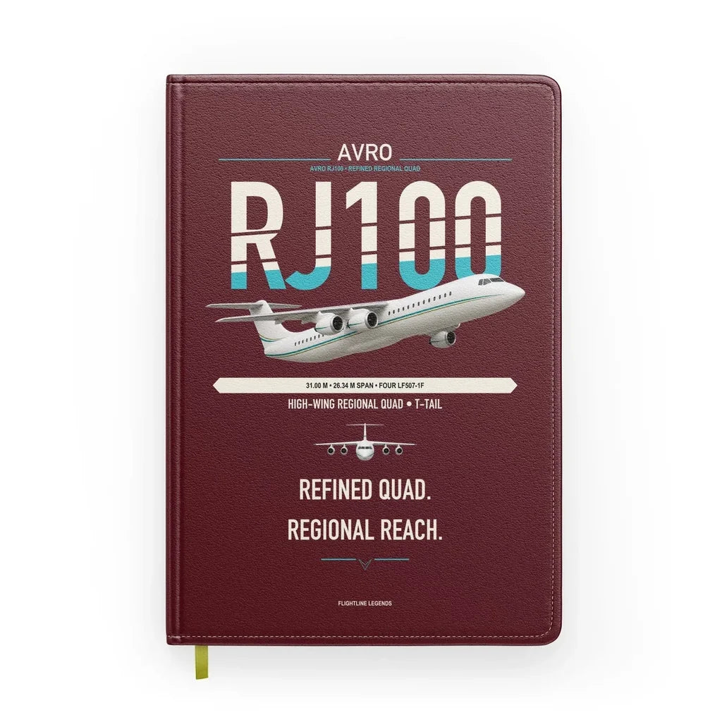 Avro RJ100 design on dark red notebook