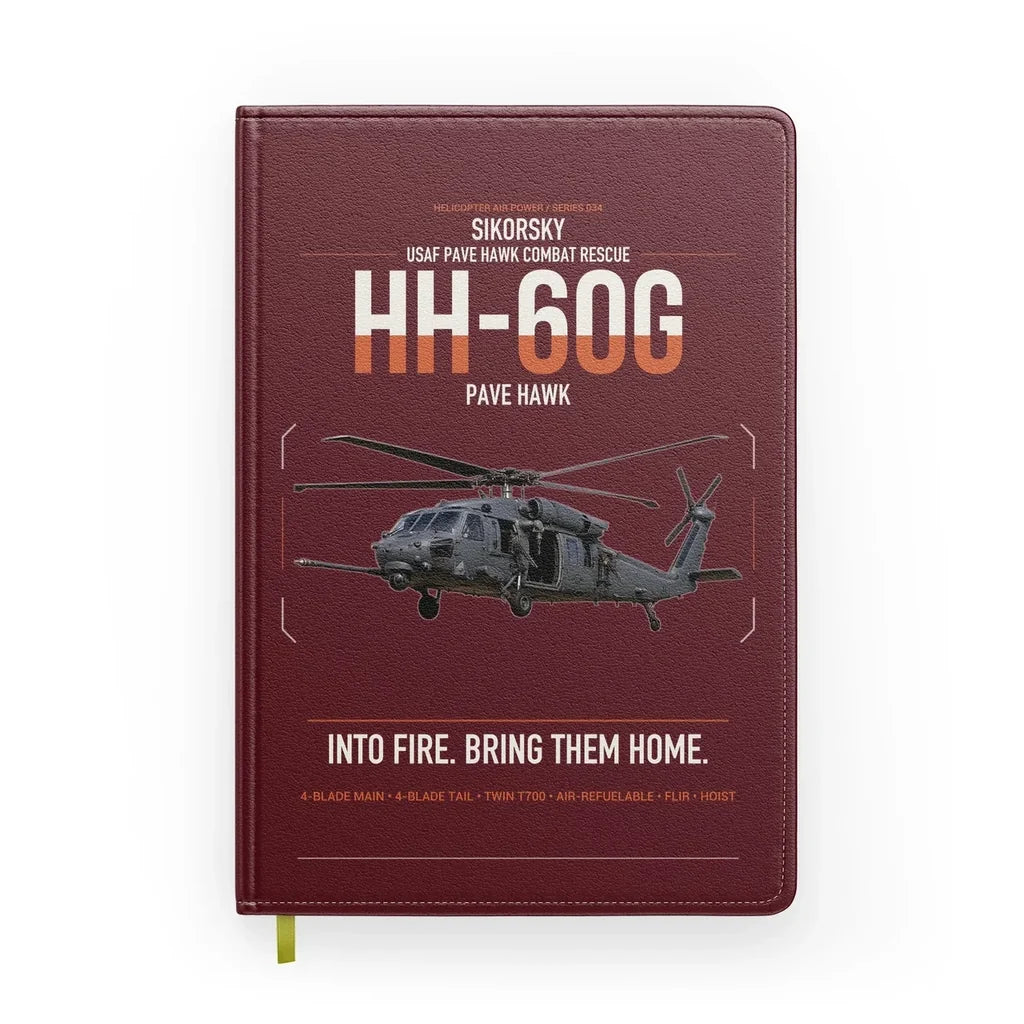 Sikorsky HH-60G Pave Hawk design on dark red notebook