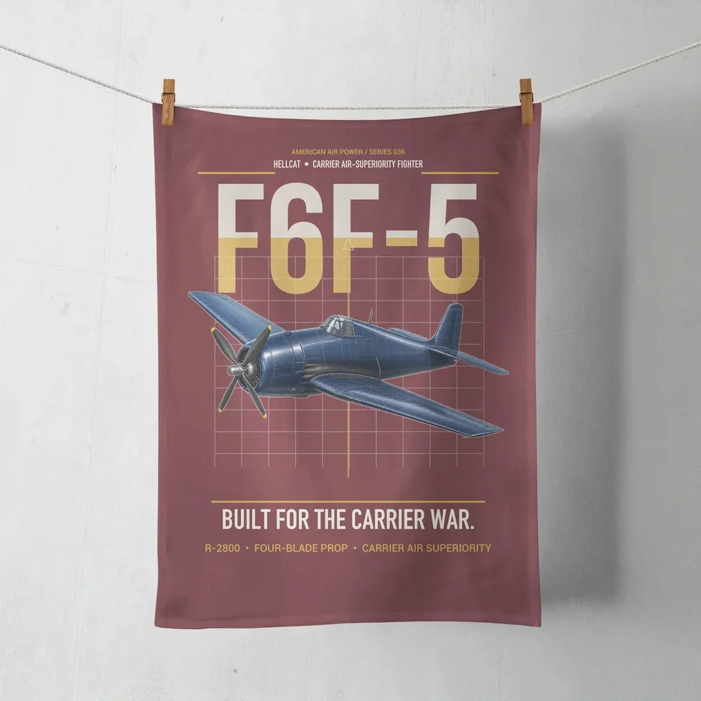 F6F-5 Hellcat design on dark red towel