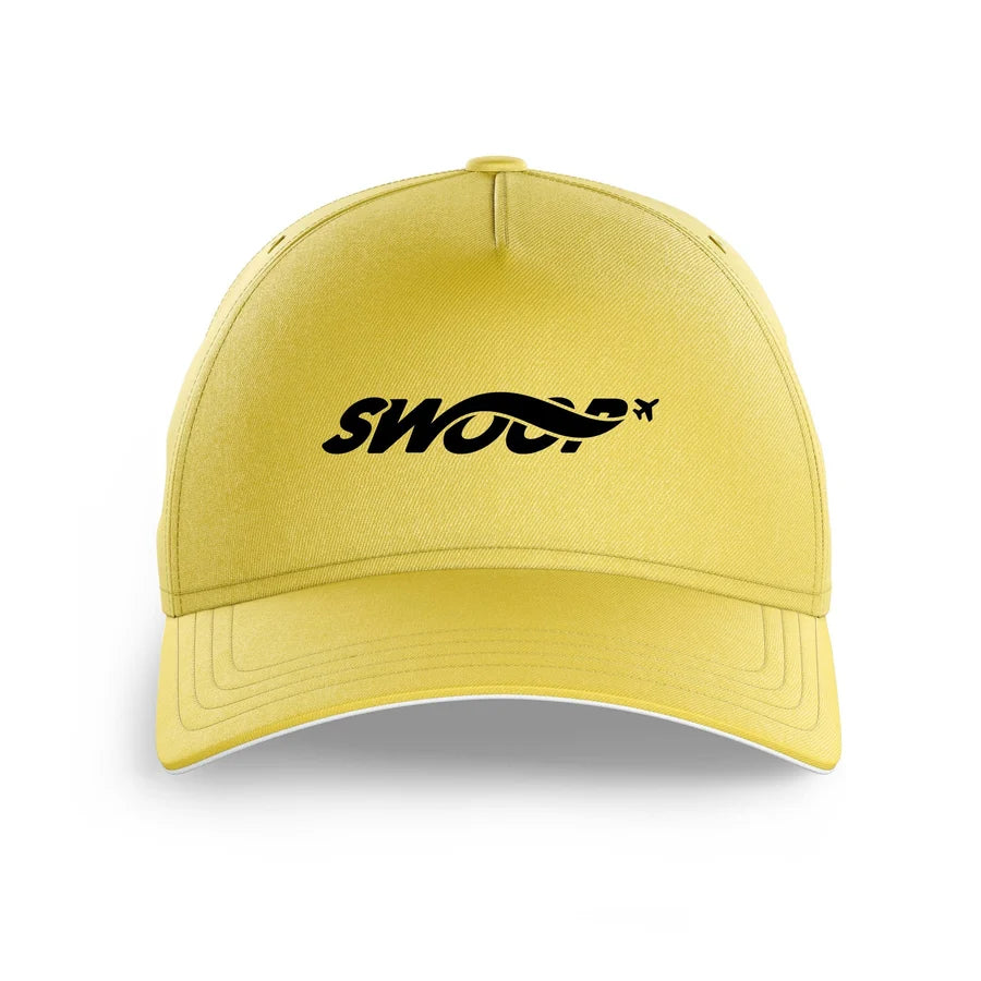 Swoop Airlines logo printed on yellow cap