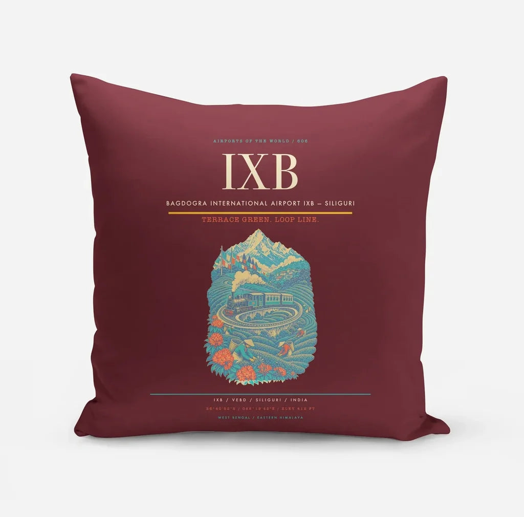 Bagdogra International Airport (IXB) design on dark red pillow