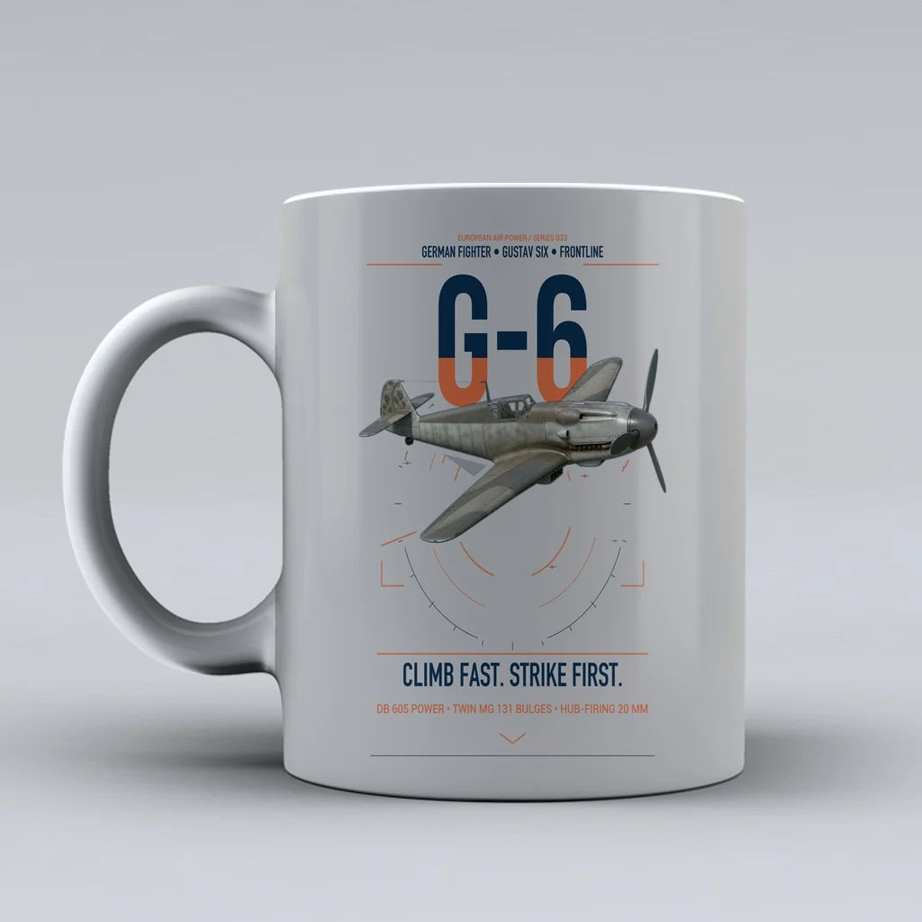 Messerschmitt Bf 109G-6 design on light gray ceramic mug, double-side print