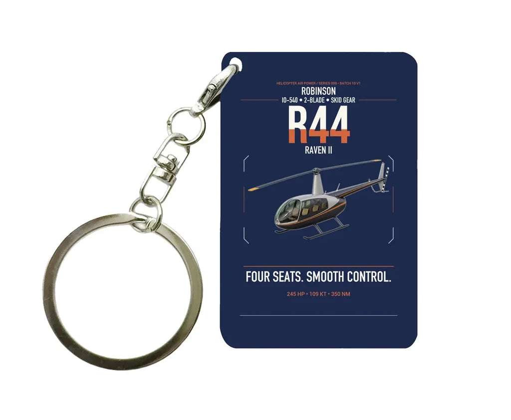 Robinson R44 Raven II design on navy blue designed key chain, double-side print