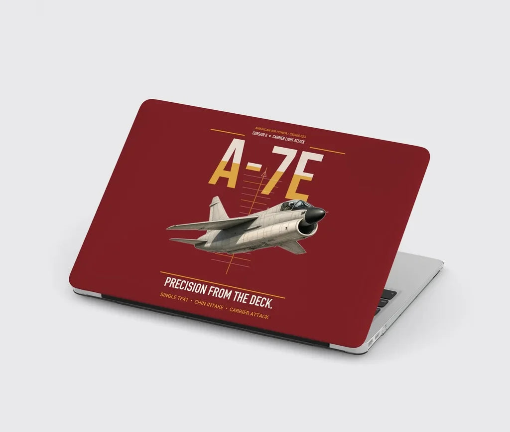 A-7E Corsair II design on dark red MacBook case