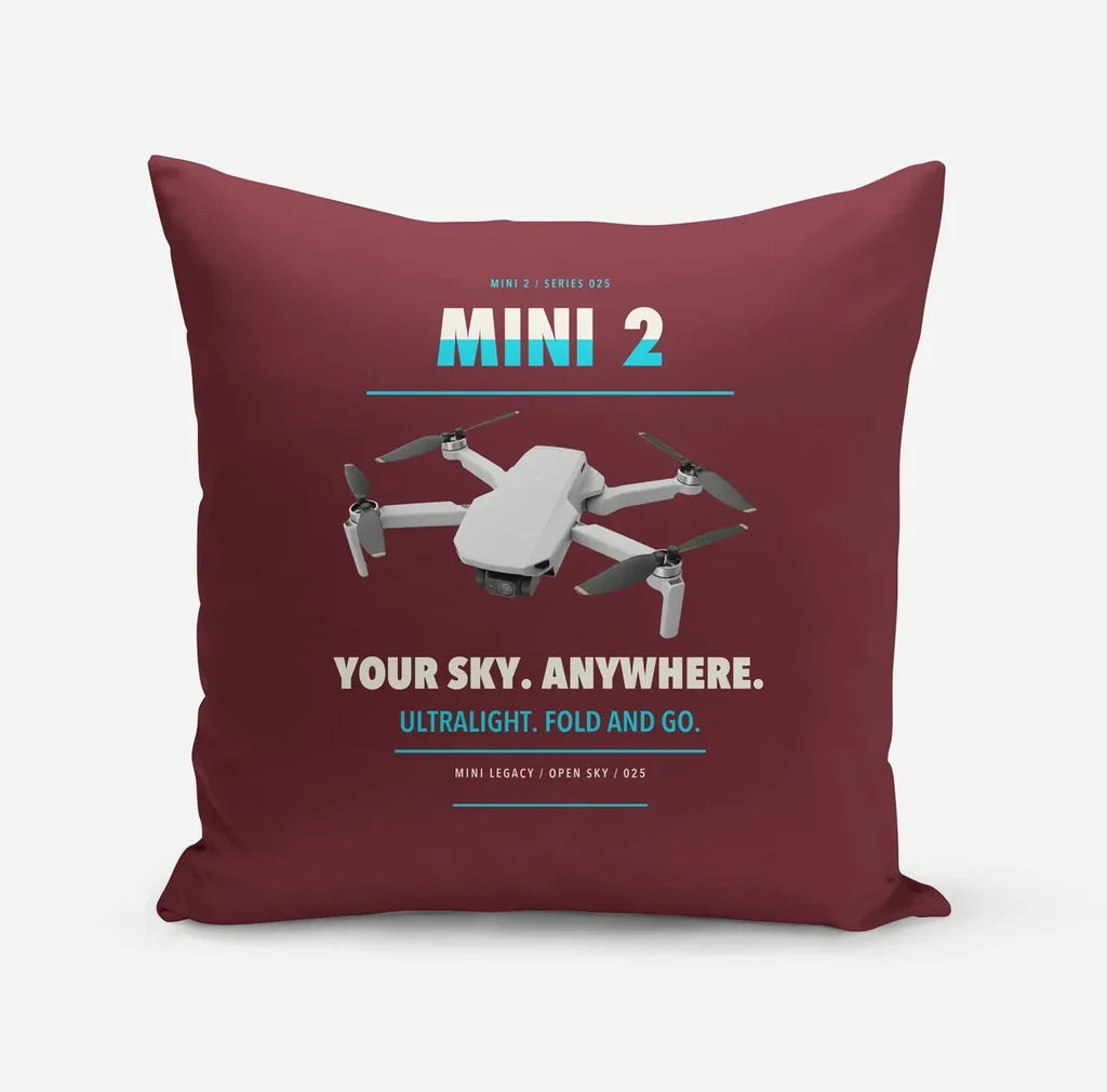 DJI Mini 2 design on dark red pillow