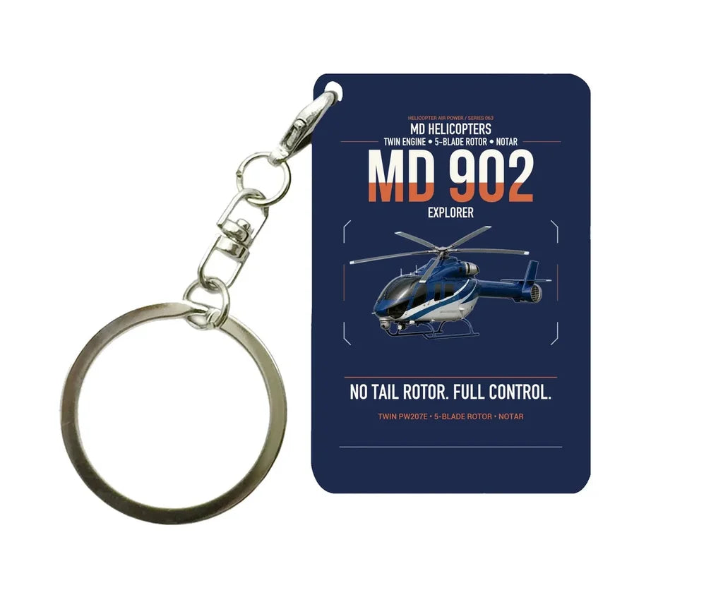 MD Helicopters MD 902 Explorer design on navy blue designed key chain, double-side print