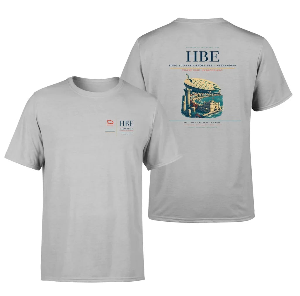 Borg El Arab Airport (HBE) design printed on light gray double-side t-shirt