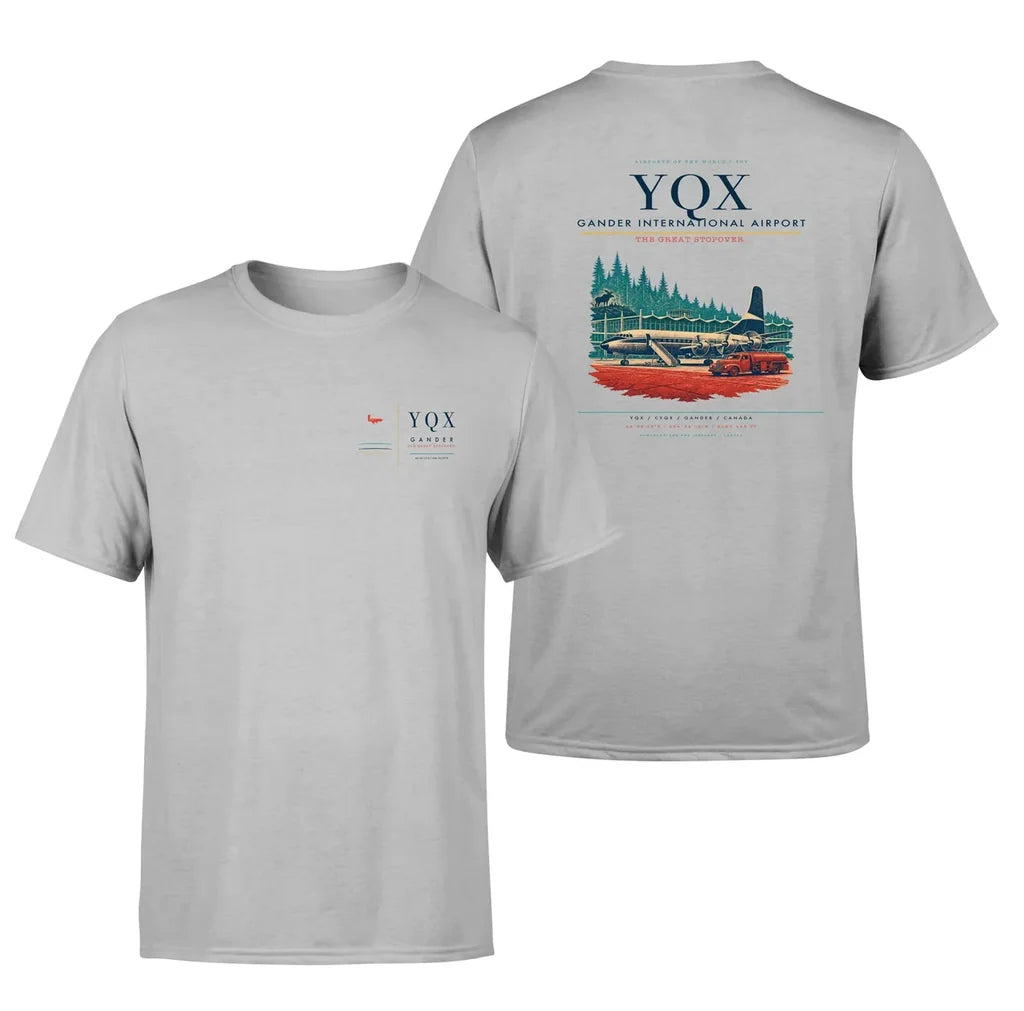 Gander International Airport (YQX) design printed on light gray double-side t-shirt