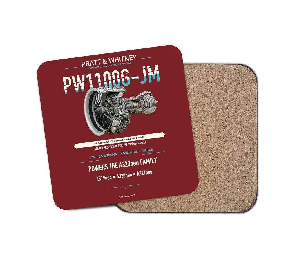 PW1100G-JM design on dark red 1 piece coaster