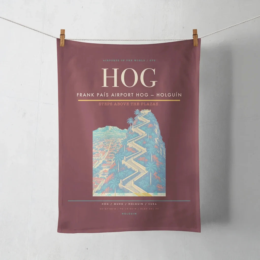 Frank País Airport (HOG) design on dark red towel