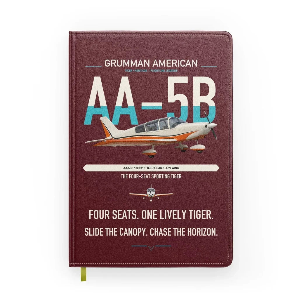 Grumman American AA-5B Tiger design on dark red notebook