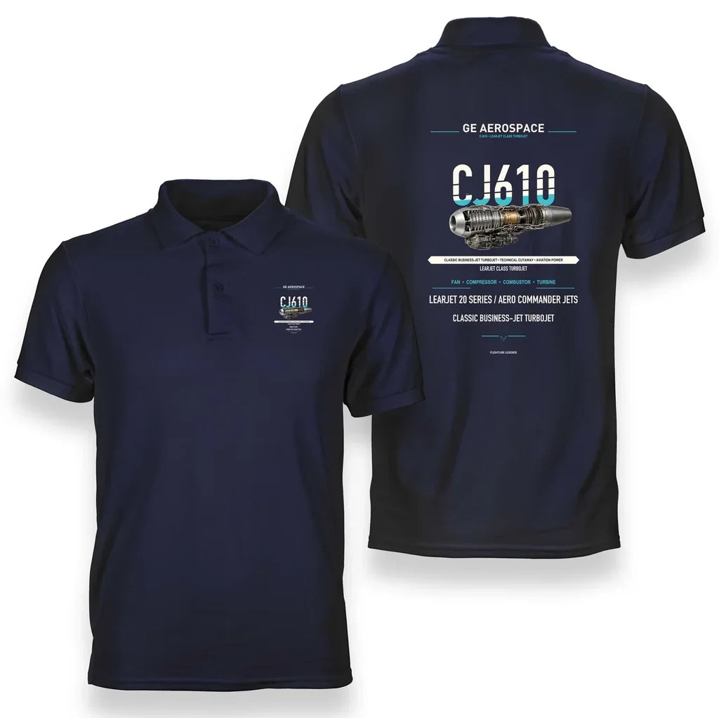 CJ610 design on navy blue polo