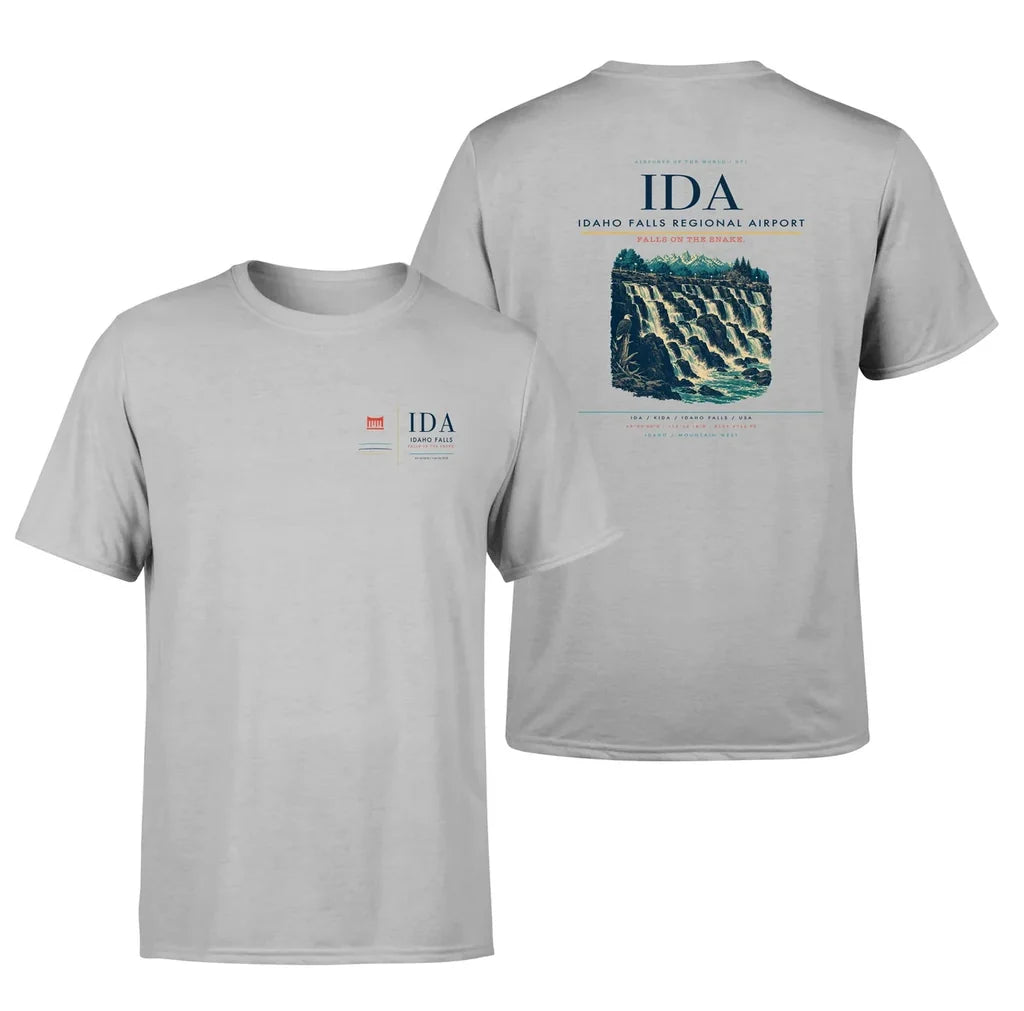 Idaho Falls Regional Airport (IDA) design printed on light gray double-side t-shirt