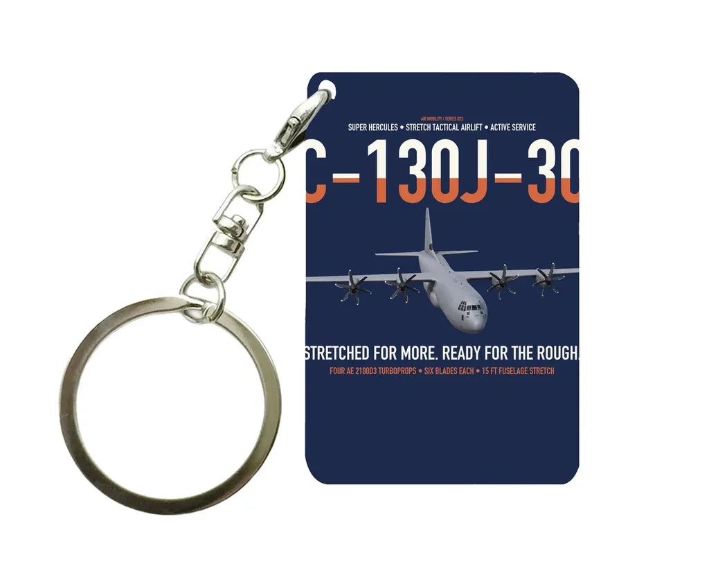 C-130J-30 Super Hercules design on navy blue designed key chain, double-side print