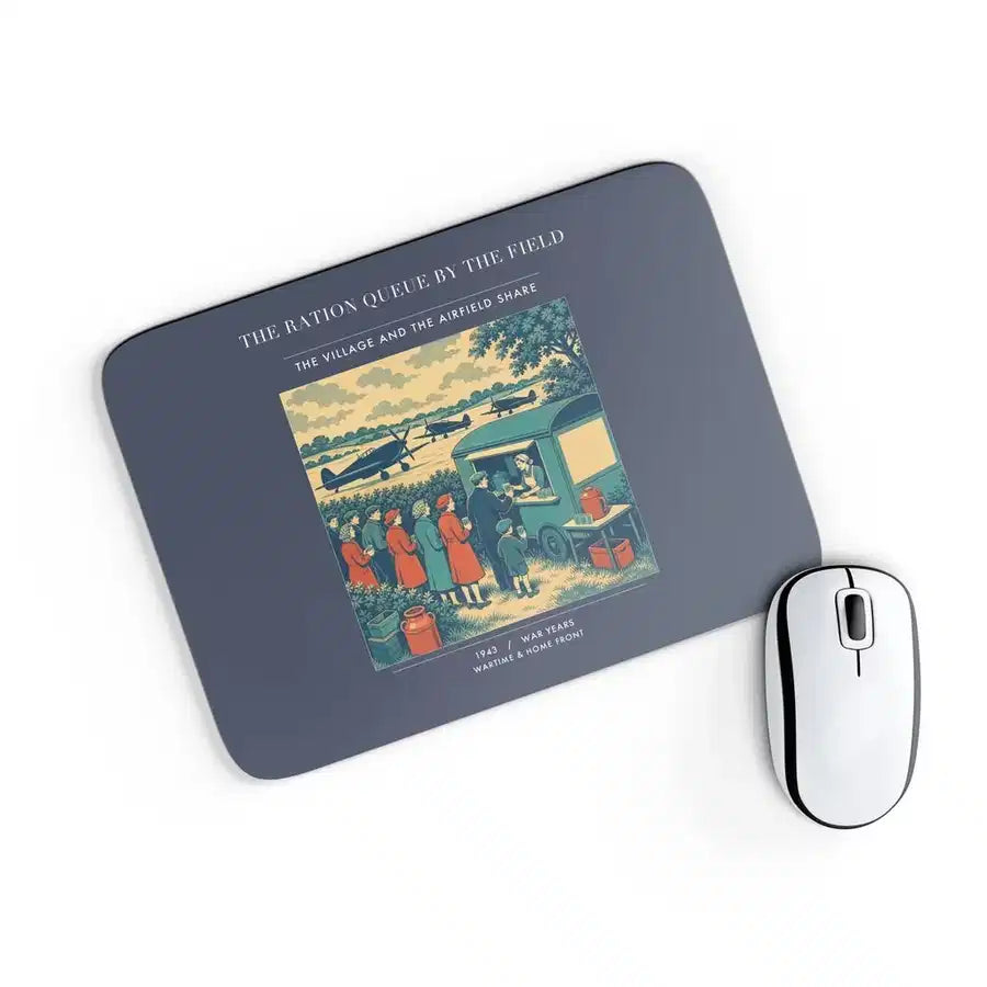 VINTAGE G4522 - The Ration Queue By The Field - Designed Mouse Pads design on navyblue rectangle