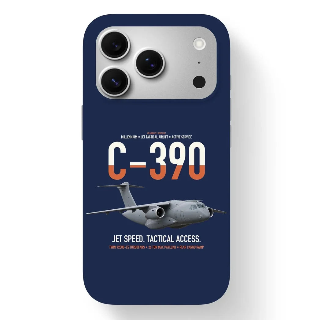 C-390 Millennium design on navy blue magsafe iphone case, for iPhone 17 Pro