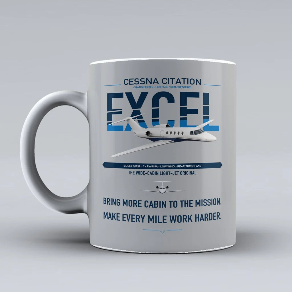 Cessna Citation Excel design on light gray ceramic mug, double-side print