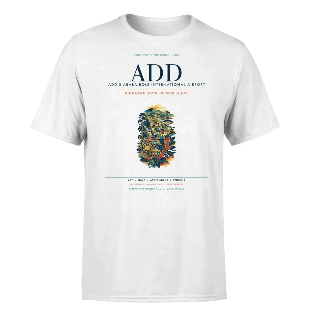 Addis Ababa Airport (ADD) T-Shirt single-side front print in White | addis-ababa-add-airport-double-side-t-shirt