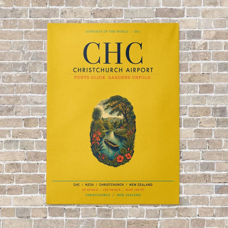Christchurch Airport CHC vertical canvas print - no frame - yellow background