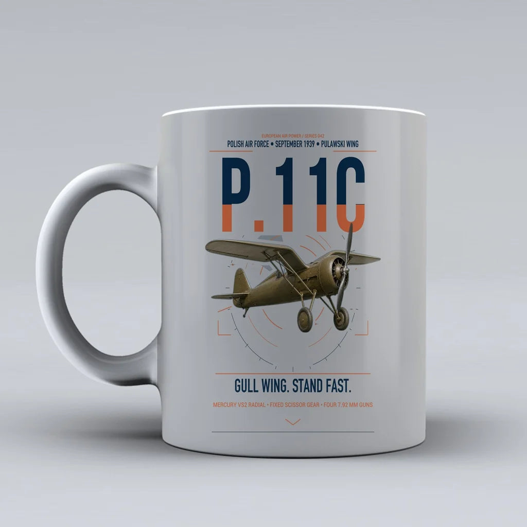 PZL P.11c design on light gray ceramic mug, double-side print
