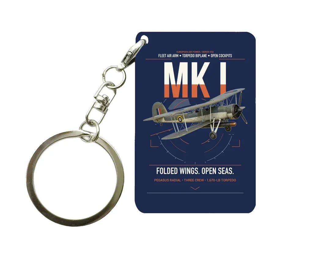 Fairey Swordfish Mk I design on navy blue designed key chain, double-side print