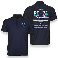 Thumbnail for Pilatus PC-24 design on navy blue double-side polo t-shirt, double-side print