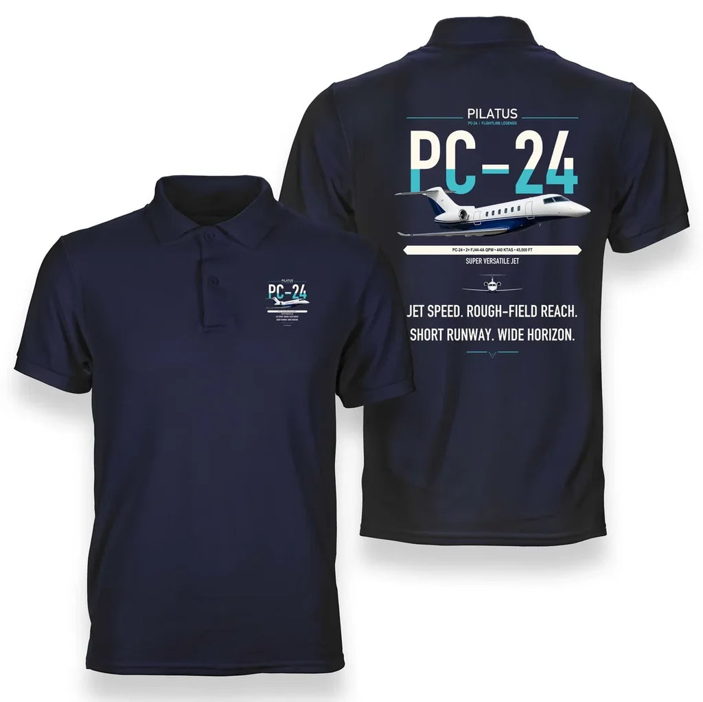 Pilatus PC-24 design on navy blue double-side polo t-shirt, double-side print