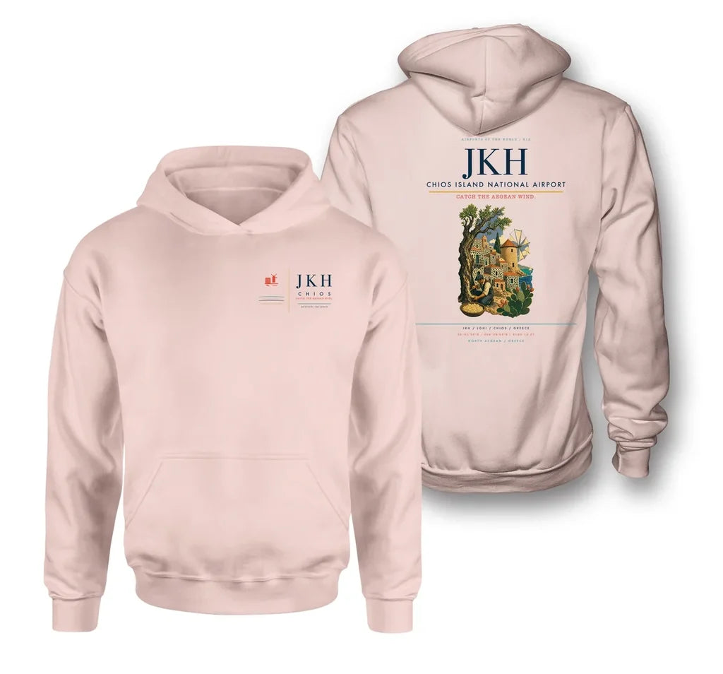 Chios Island National Airport (JKH) design on pink double-side hoodie