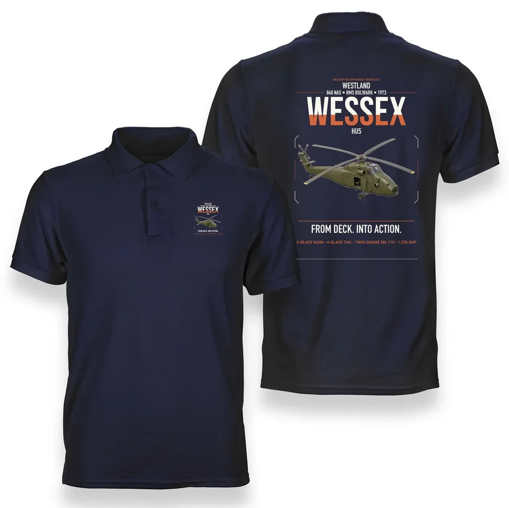 Westland Wessex HU5 design on navy blue double-side polo t-shirt, double-side print
