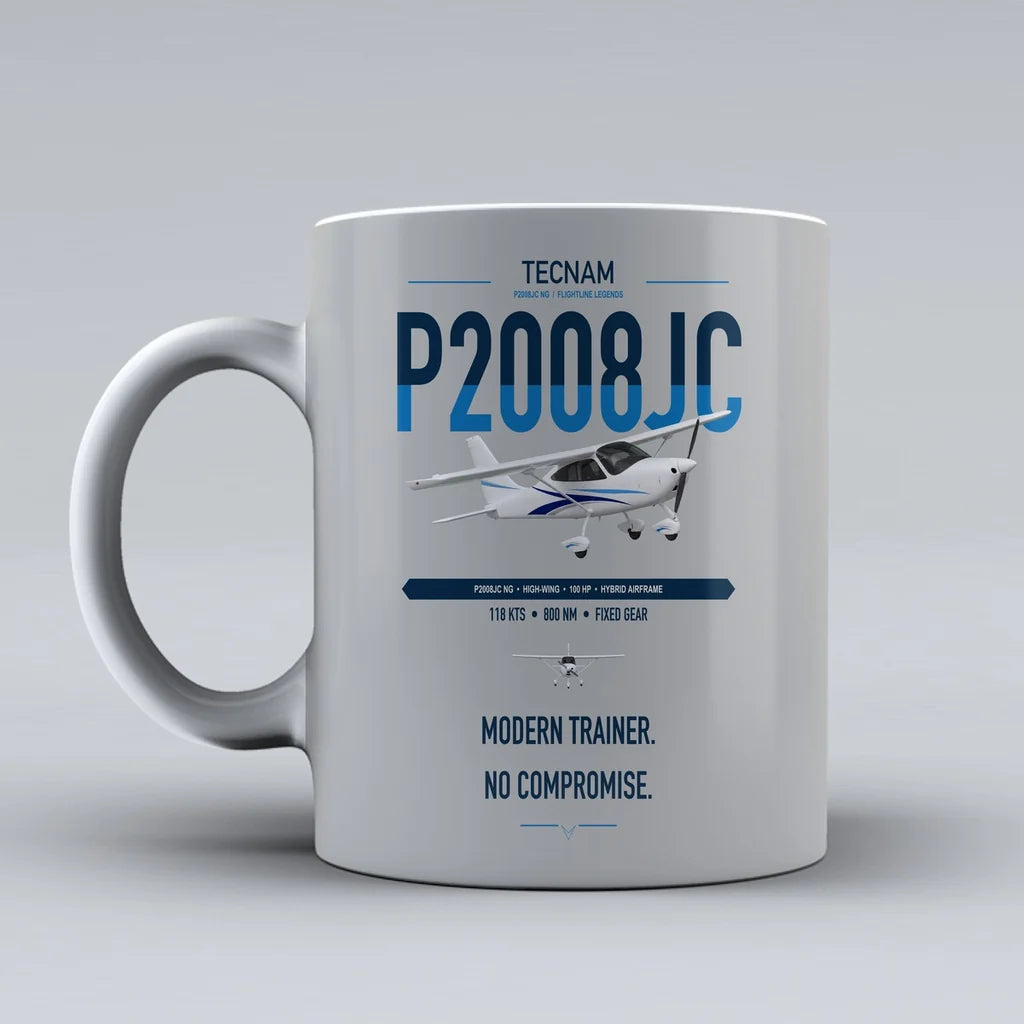 Tecnam P2008JC NG design on light gray ceramic mug, double-side print