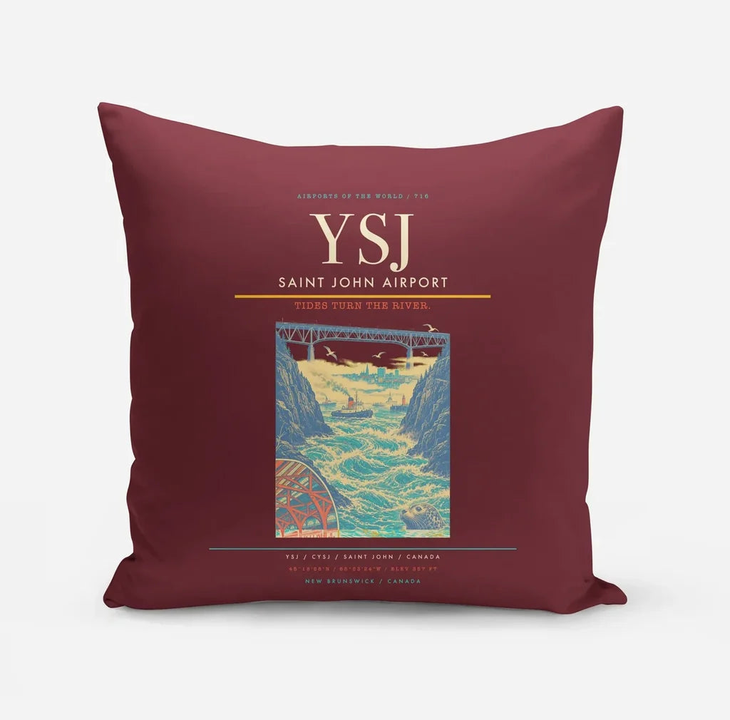 Saint John Airport (YSJ) design on dark red pillow