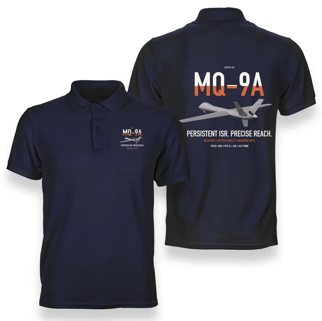 MQ-9A Reaper design on navy blue double-side polo t-shirt, double-side print