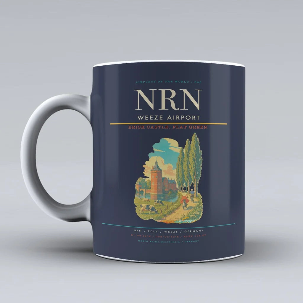 Weeze Airport (NRN) airport code design on dark blue ceramic mug