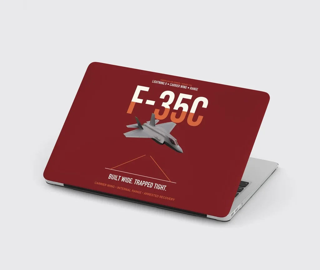 F-35C Lightning II Built Wide Trapped Tight design on dark red MacBook case