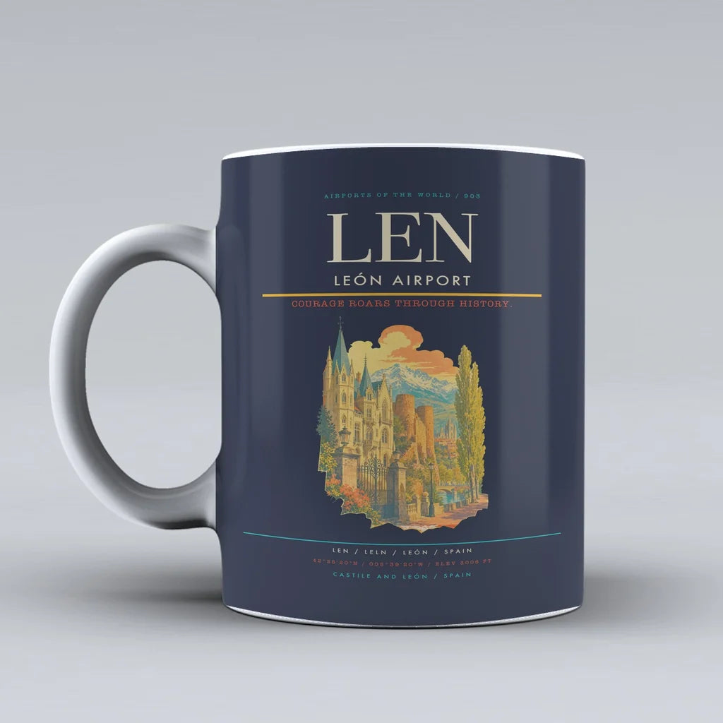 León Airport (LEN) airport code design on dark blue ceramic mug