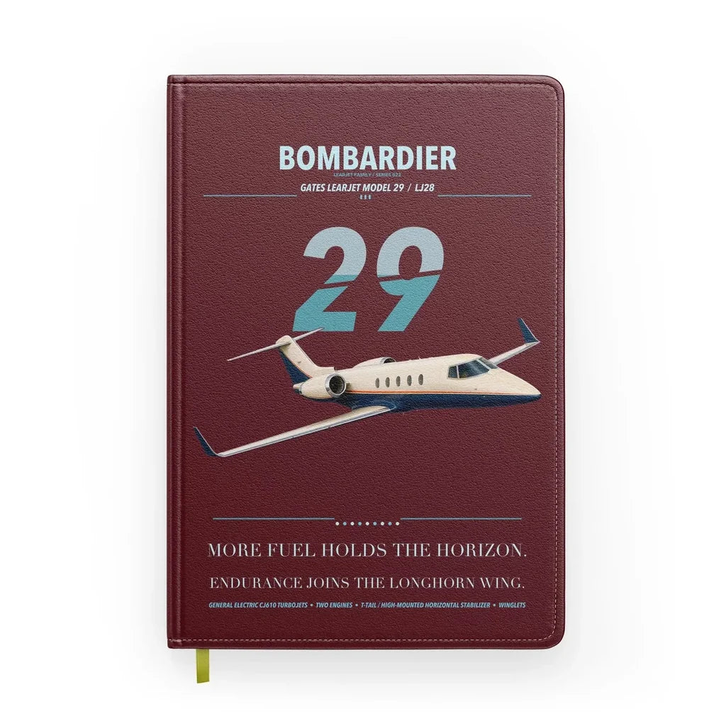 Bombardier Learjet 29 design on dark red notebook