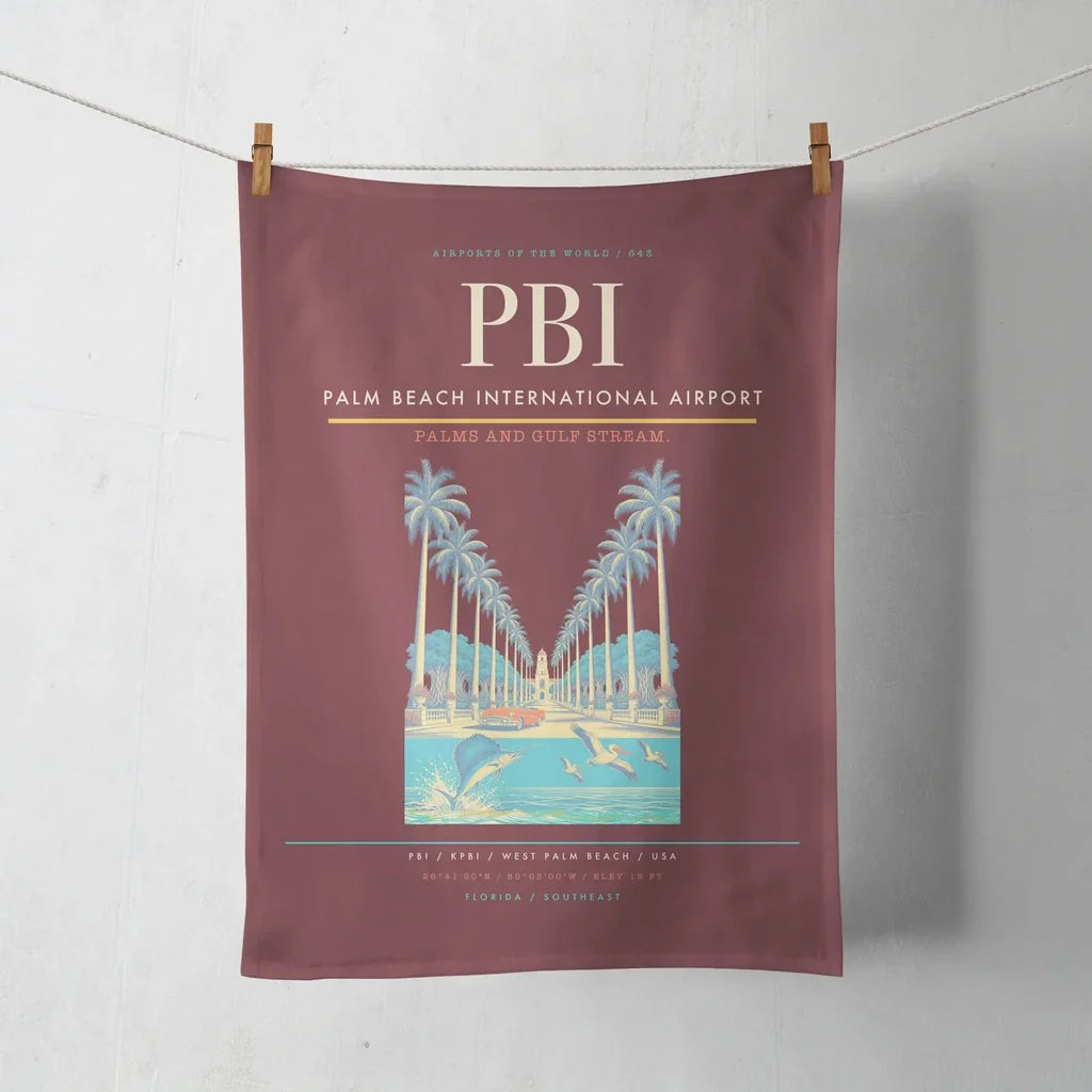 Palm Beach International Airport (PBI) design on dark red towel