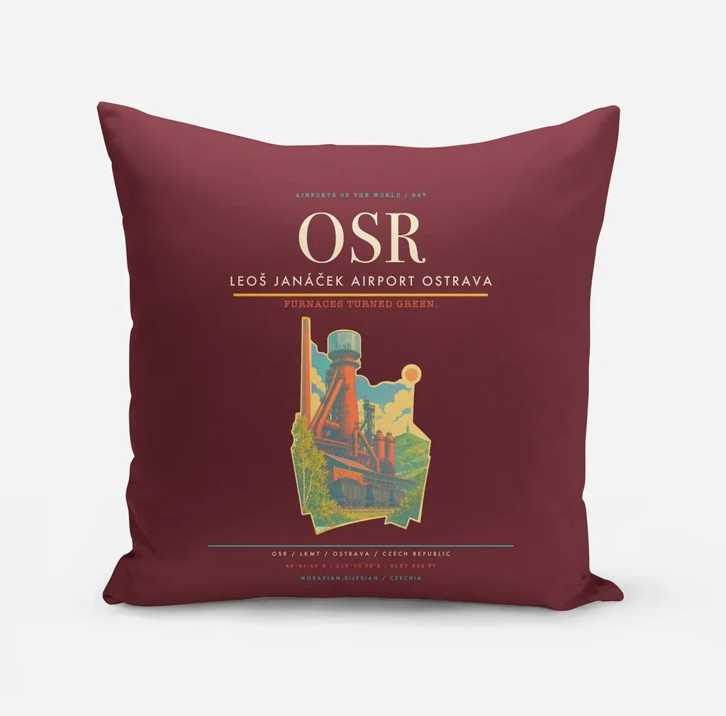 Leoš Janáček Airport Ostrava (OSR) design on dark red pillow