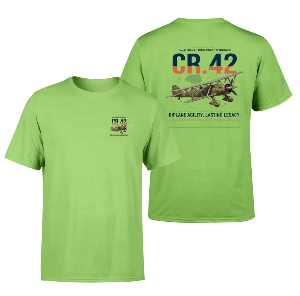 Fiat CR.42 Falco design on light green t-shirt, double-side print