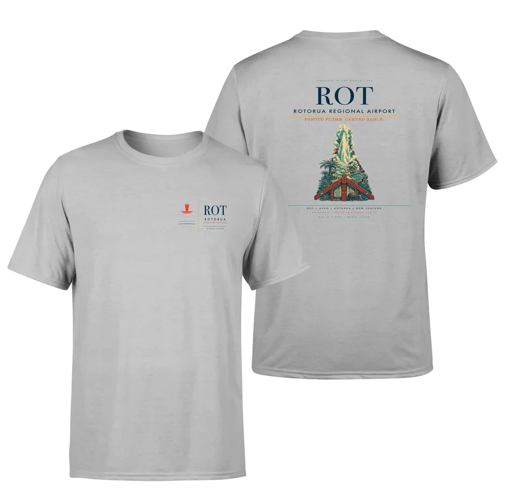Rotorua Regional Airport (ROT) design printed on light gray double-side t-shirt