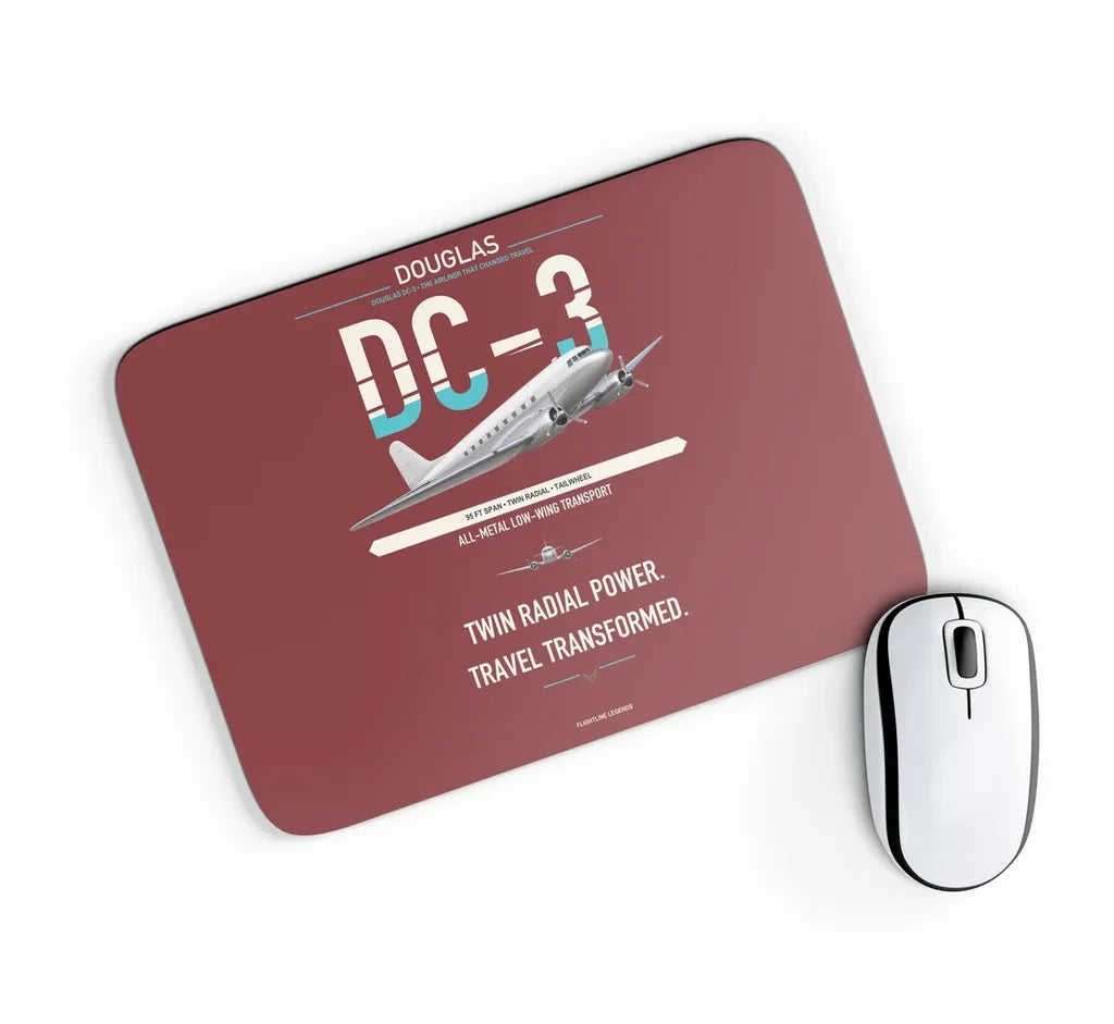Douglas DC-3 design on dark red rectangle mouse pad