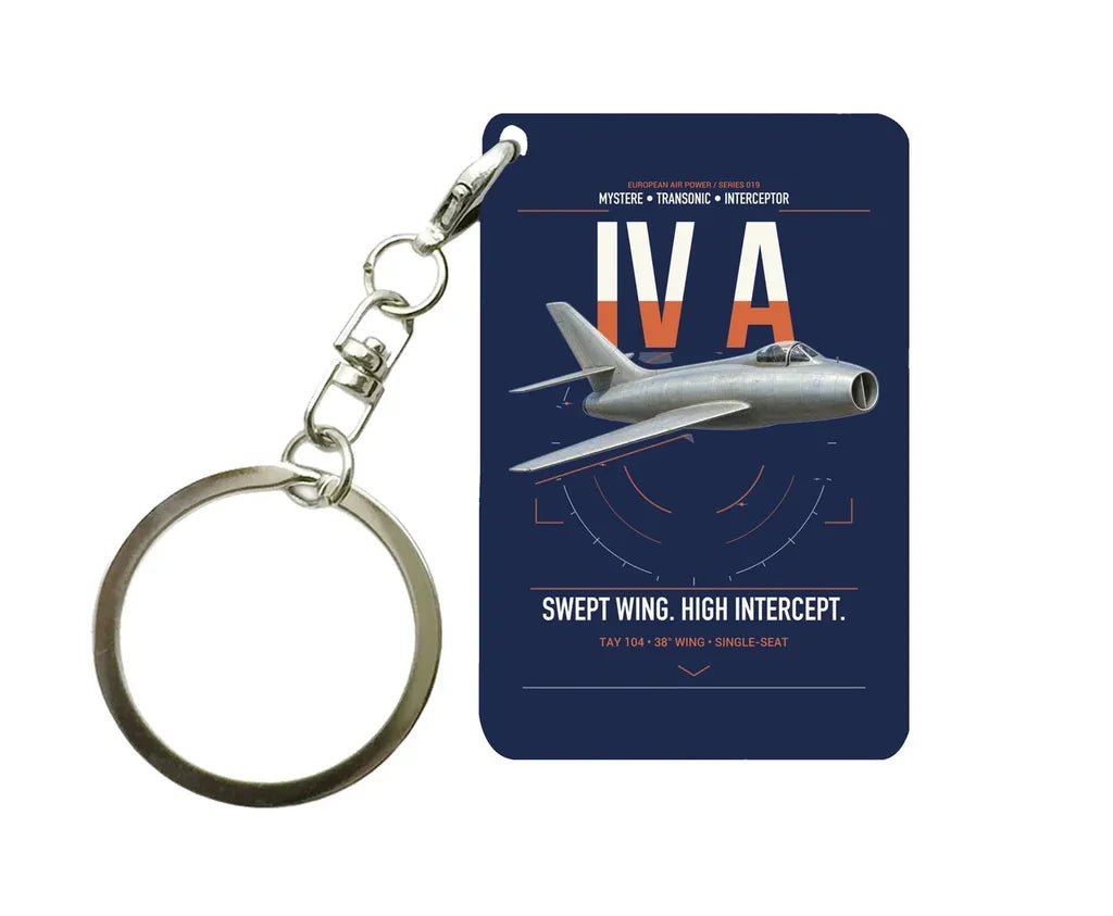 Dassault Mystère IV A design on navy blue designed key chain, double-side print