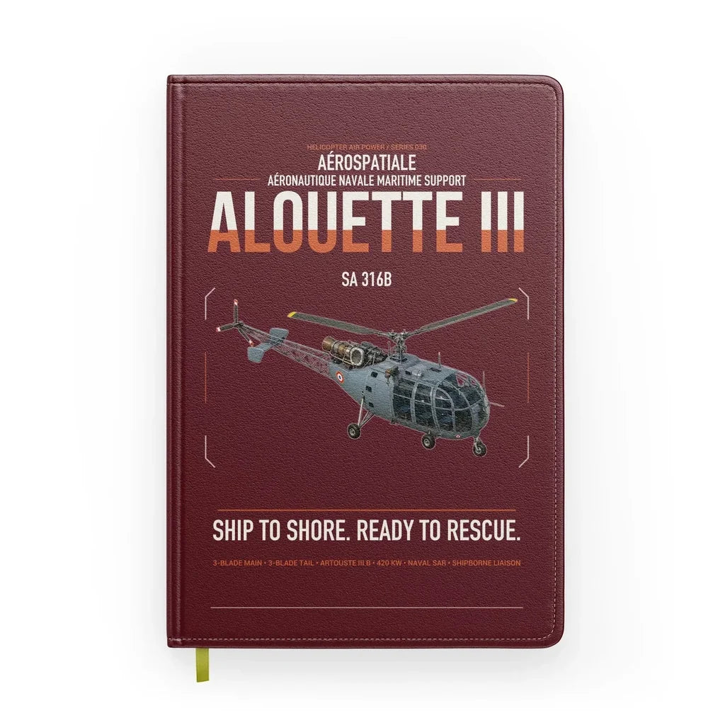 Aérospatiale SA 316B Alouette III design on dark red notebook