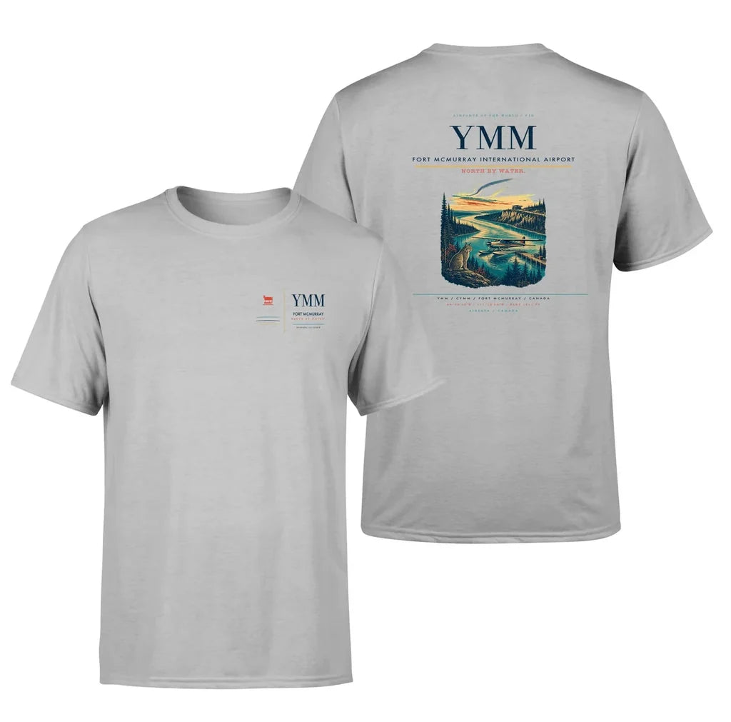 Fort McMurray International Airport (YMM) design printed on light gray double-side t-shirt