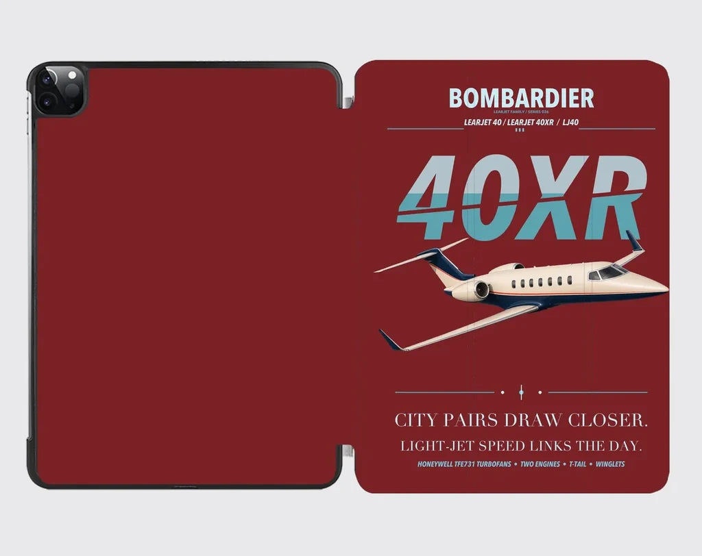 Bombardier Learjet 40XR design on dark red ipad tablet case